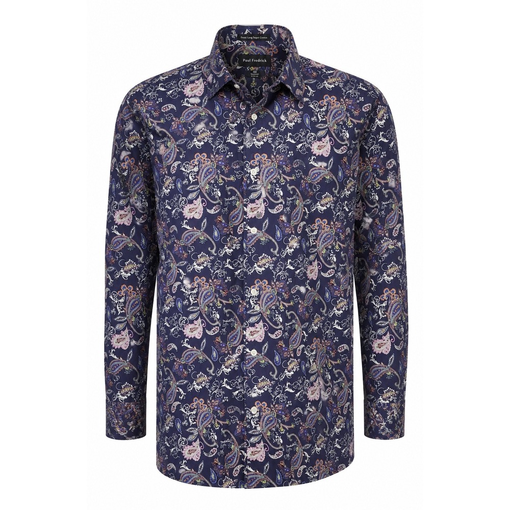 Paul Fredrick Men 3XLT Navy Paisley Button Down Shirt Long Staple Cotton Classic